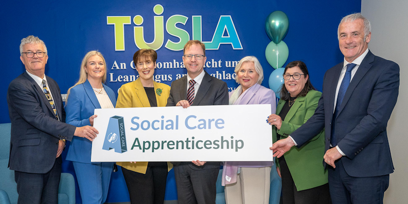Professor John O'Halloran, UCC President; Rosarii Mannion, Director of People & Change, Tusla; Minister for Children, Disability and Equality, Norma Foley; Minister for Further and Higher Education, Research, Innovation and Science, James Lawless; Deborah Smullen, National Development Lead for Apprenticeships, HSE; Professor Christine Cross, Registrar, MTU and Oberstown Director, Damien Hernon at the launch of the Social Care Apprenticeship in Tusla offices, Glanmire, Cork. Picture. Maxwells
