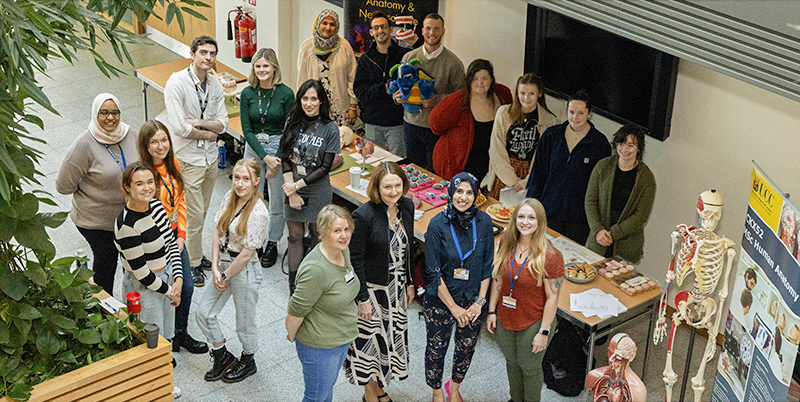 UCC World Anatomy Day 2023 Photo: front row from left: Dr Sue Grenham, Professor Aideen Sullivan, Head of Department of Anatomy and Neuroscience, Dr Mutahira Lone, event organiser and Director MSc Human Anatomy and Ms Ashley Benge FLAME laboratory.