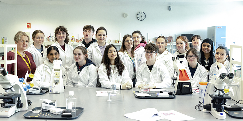 Department of Anatomy and Neuroscience staff members Dr Sue Grenham, Tara Foley and Carrie O'Flynn, with the TY students attending the 2026 Anatomy and Neuroscience for Transition Year students' course.
