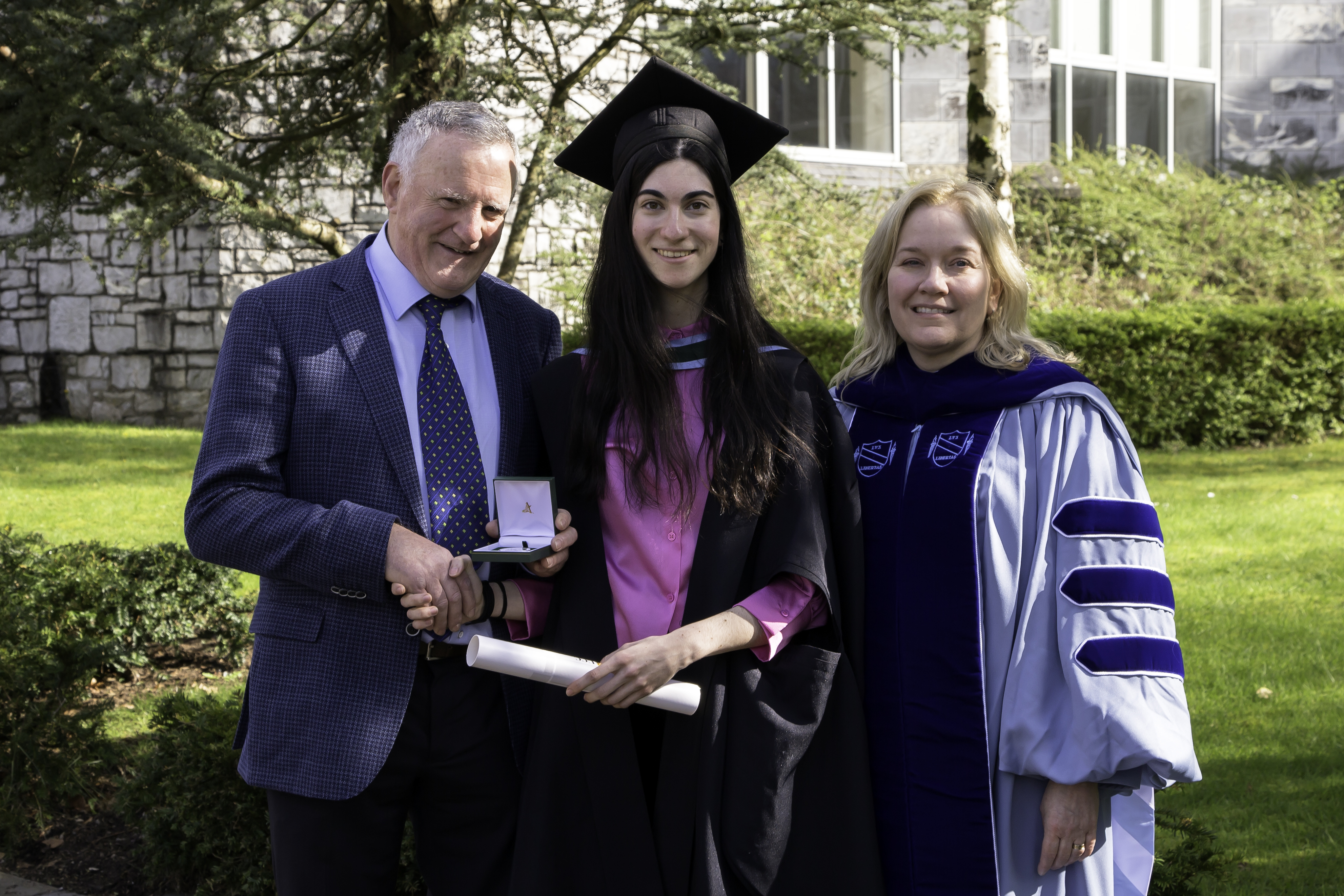 Mr. Pat Allen, former Chief Technical Officer, School of Biochemistry and Cell Biology, Pat Allen Award Recipient 2024, Nerea Hernández Egido, and Dr. Kellie Dean, Programme Director, MSc Molecular Cell Biology with Bioinnovation. 