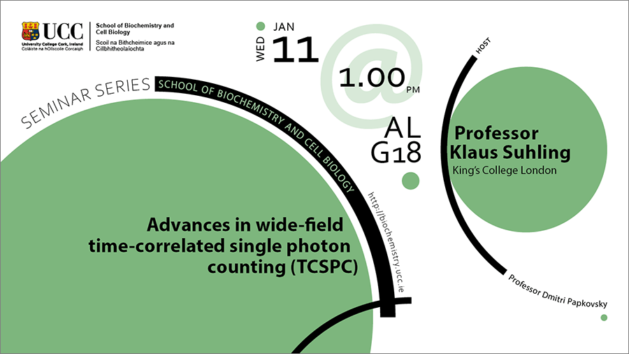 2022-2023 School of Biochemistry and Cell Biology Seminar Series. SEMINAR TITLE: Advances in wide-field time-correlated single photon counting (TCSPC). SEMINAR SPEAKER: Professor Klaus Suhling, King's College London. VENUE AND DATE: AL_G18 @ 1.00pm Wednesday 11 January 2023. ACADEMIC HOST: Professor Dmitri Papkovsky, School of Biochemistry and Cell Biology, UCC