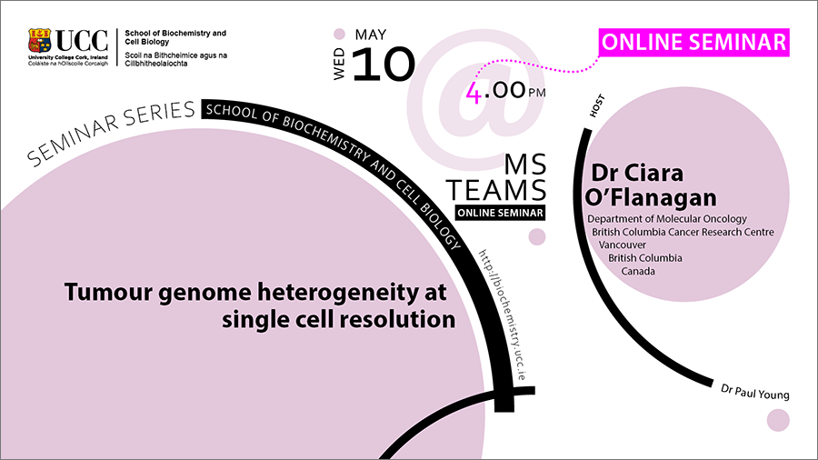2022-2023 School of Biochemistry and Cell Biology Seminar Series. SEMINAR TITLE: Tumour genome heterogeneity at single cell resolution. SEMINAR SPEAKER: Dr Ciara OFlanagan, Department of Molecular Oncology, British Columbia Cancer Research Centre, Vancouver, British Columbia,  Canada. VENUE AND DATE:ONLINE SEMINAR @ 1.00pm Wednesday 10 May 2023. ACADEMIC HOST: Dr Paul Young, School of Biochemistry and Cell Biology, UCC