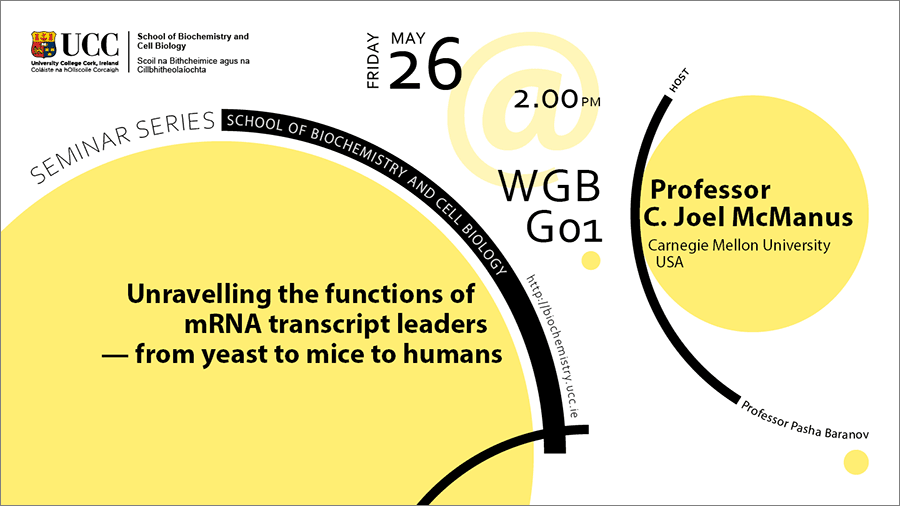 11-230524-SeminarSeries-Dr Joel McManus. 2022-2023 School of Biochemistry and Cell Biology Seminar Series. SEMINAR TITLE: Unravelling the functions of  mRNA transcript leaders — from yeast to mice to humans. SEMINAR SPEAKER: Dr Joel Mc Manus, Carnegie Mellon University USA. VENUE AND DATE: AL_G18 @ 1.00pm Wednesday 24 May 2023. ACADEMIC HOST: Professor Pasha Baranov, School of Biochemistry and Cell Biology, UCC