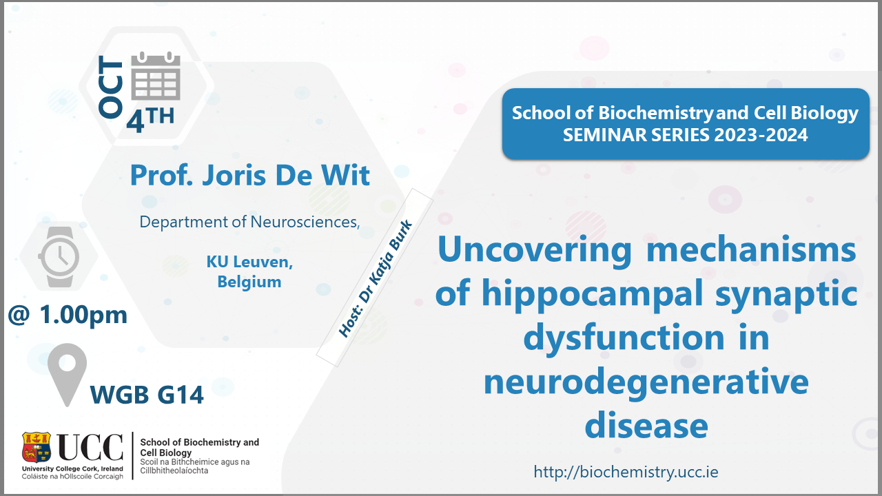 2023-2024 School of Biochemistry and Cell Biology Seminar Series. SEMINAR TITLE: Uncovering mechanisms of hippocampal synaptic dysfunction in neurodegenerative disease. SEMINAR SPEAKER: Professor Joris De Wit, Department of Neurosciences, KU Leuven, Belgium. VENUE AND DATE: WGB G14 @ 1.00pm Wednesday 04 October 2023. ACADEMIC HOST: Dr Katja Burk, School of Biochemistry and Cell Biology, UCC