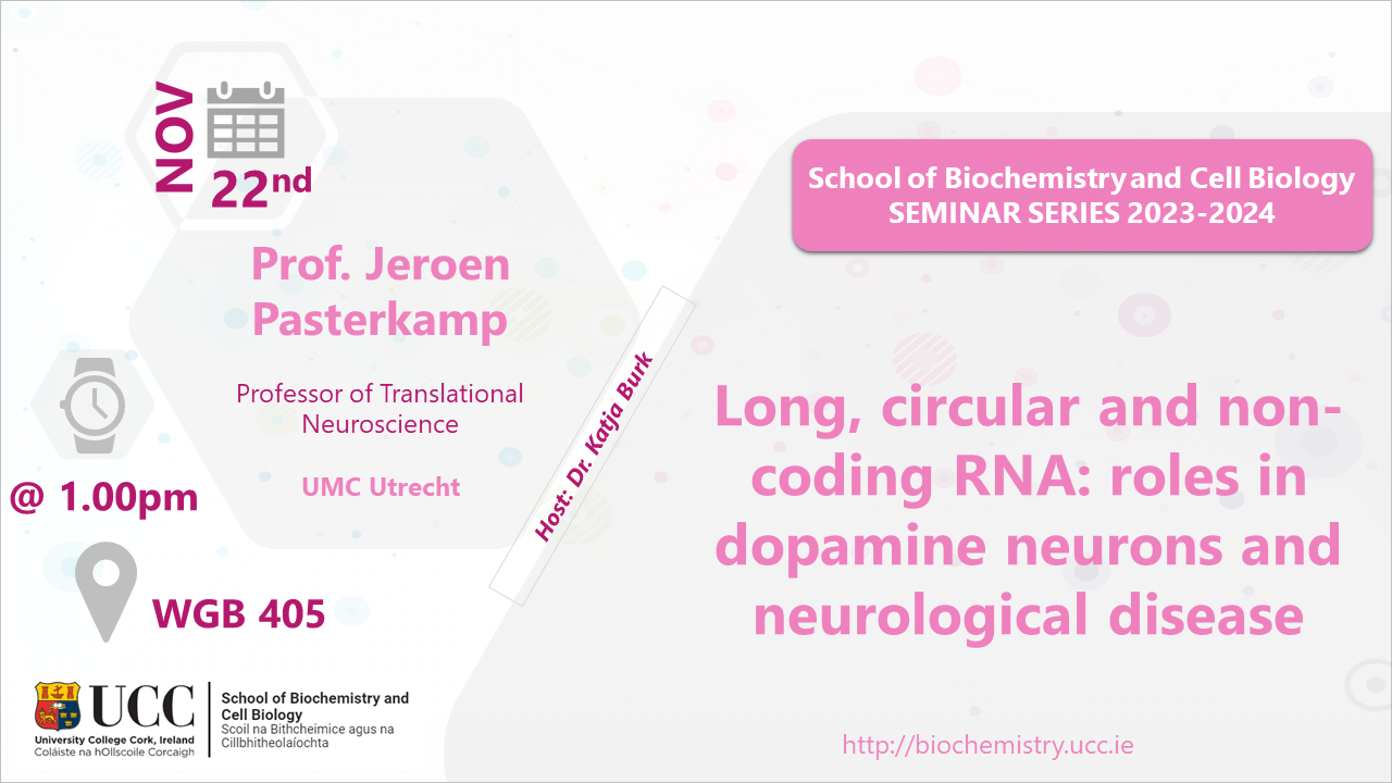 2023-2024 School of Biochemistry and Cell Biology Seminar Series. SEMINAR TITLE: Long, circular and small non-coding RNA: roles in dopamine neurons and neurological disease. SEMINAR SPEAKER: Prof. Jeroen Pasterkamp Professor of Translational Neuroscience, UMC Utrecht. VENUE AND DATE: WGB 405 @ 1.00pm Wednesday 22 November 2023. ACADEMIC HOST: Dr Katja Burk, School of Biochemistry and Cell Biology, UCC