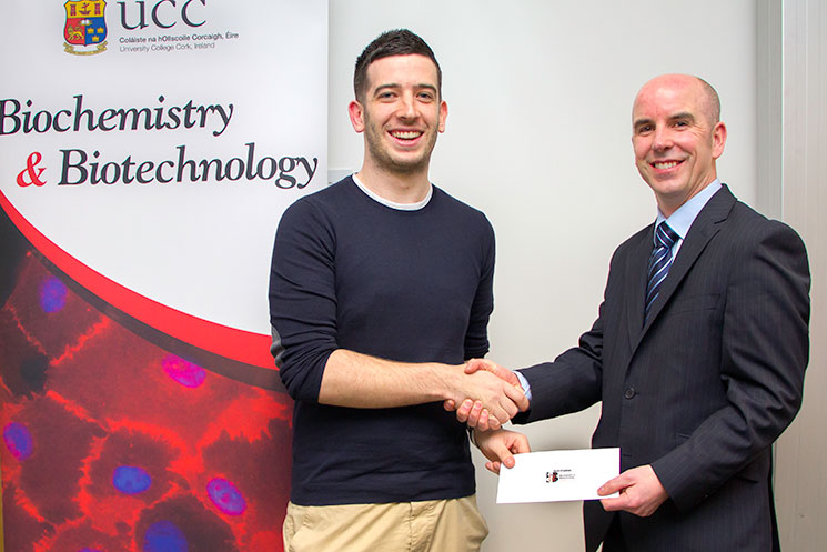 David O'Sullivan, 4th Year Biochemistry student at UCC, receives an Eli Lilly sponsored undergraduate award for academic excellence in Biochemistry from Mr Gary Kirby, Personnel Representative at Eli Lilly at a recent event hosted by UCC Biochemistry and Biotechnology Society.