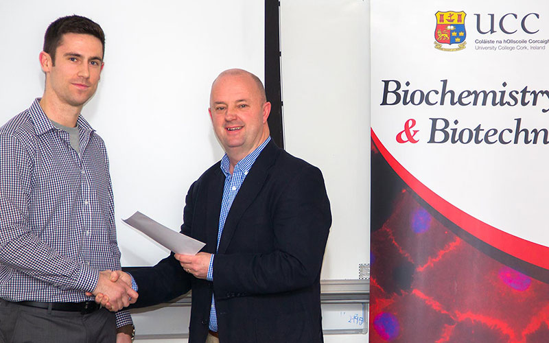 Gary Williamson, a BSc Biochemistry and MSc Biotechnology UCC graduate was presented with the  Eli Lilly Postgraduate Award by Mr Noel Henderson, Human Resources, Eli Lilly at the Biochemistry and Biotechnology Society Seminar evening held on January 22nd. The award was presented for academic excellence in Biotechnology. Gary is currently employed by Eli Lilly.
