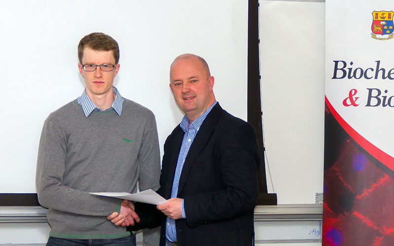 Fergus Collins, a current final year BSc Biochemistry student at UCC was presented with an Eli Lilly Undergraduate Award by Mr Noel Henderson, Human Resources, Eli Lilly at the Biochemistry and Biotechnology Society Seminar evening held on January 22nd. The award was presented for academic excellence during the 3rd year of Fergus’s Biochemistry undergraduate degree.