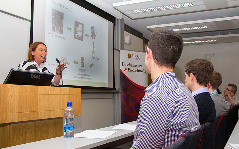 Dr Melanie Walsh, Eli Lilly addressing members of the Biochemistry and Biotechnology Society at the seminar entitled “An Insight into Eli Lilly”, held on January 22nd. 