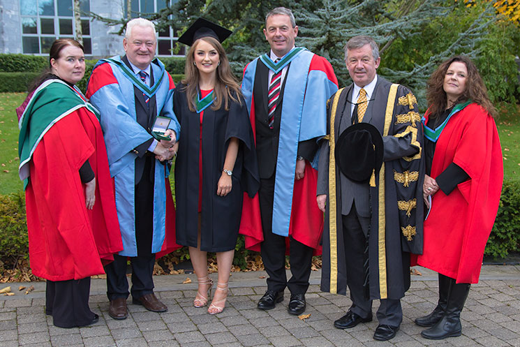 Dr Sinead Kerins, School of Biochemistry and Cell Biology, UCC; Professor David Sheehan, Head of School of Biochemistry and Cell Biology, UCC; Elaine O'Brien, Gold Medal recipient; Professor Paul Ross, Head of College of Science, Engineering and Food Science (SEFS), UCC; Dr Michael Murphy, President, UCC; and Dr Susan Joyce, School of Biochemistry and Cell Biology, UCC & Investigator in the APC Microbiome Institute, UCC.