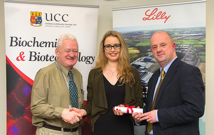 Professor David Sheehan, Head of School of Biochemistry and Cell Biology, Shannon Quilty, recipient of the Eli Lilly Award for Academic Excellence in Second Year Biochemistry and Noel Henderson, Eli Lilly.