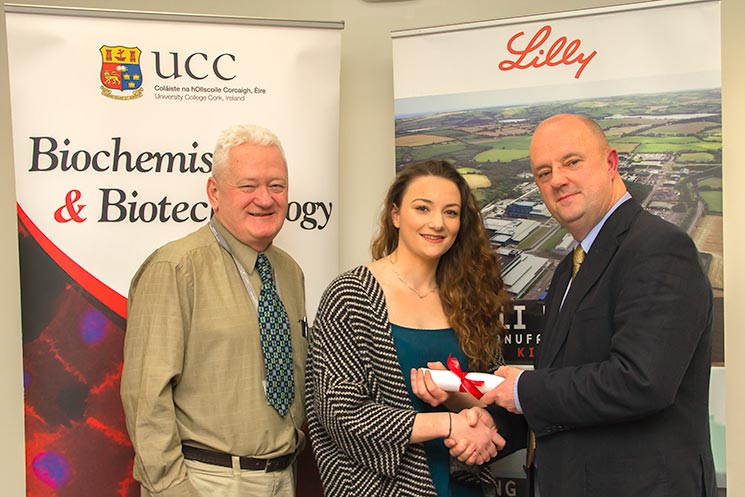 Professor David Sheehan, Head of School of Biochemistry and Cell Biology, Linda Murphy, recipient of the Eli Lilly Award for Academic Excellence in Third Year Biochemistry and Noel Henderson, Eli Lilly.