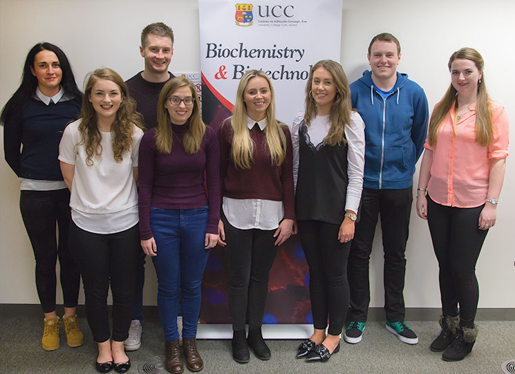 Members of the UCC Biochemistry and Biotechnology Society who helped to organise the Eli Lilly Awards night and Career Seminar in UCC on 2nd March 2017 last. From left: Naomi Hanrahan, Fourth Year Biochemistry; Elaine O’Brien, MSc Biotechnology; Daniel Nyhan, Fourth Year Biochemistry; Sarah O’Donnell, Fourth Year Biochemistry; Neasa Murphy, MSc Biotechnology; Cathy Griffin, MSc Biotechnology;  Kevin Foley, Third Year Biochemistry; and Caoimhe Daly, Fourth Year Biochemistry.