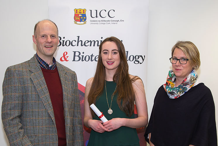 Professor Tommie McCarthy, School of Biochemistry and Cell Biology, UCC; Orla Brosnan, recipient of the Eli Lilly Award for Academic Excellence in second year Biochemistry; and Dr Deirdre Buckley (BSc Biochemistry, UCC, PhD Biochemistry, UCC), TS/MS Team Leader, Eli Lilly SA - Irish Branch, Kinsale, Co. Cork.