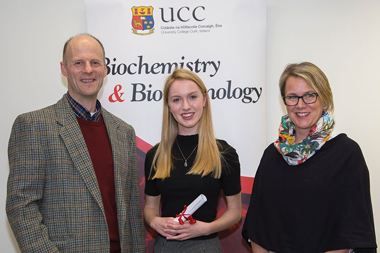 Professor Tommie McCarthy, School of Biochemistry and Cell Biology, UCC; Carolyn Murray, recipient of the Eli Lilly Award for Academic Excellence in third year Biochemistry; and Dr Deirdre Buckley (BSc Biochemistry, UCC, PhD Biochemistry, UCC), TS/MS Team Leader, Eli Lilly SA - Irish Branch, Kinsale, Co. Cork.