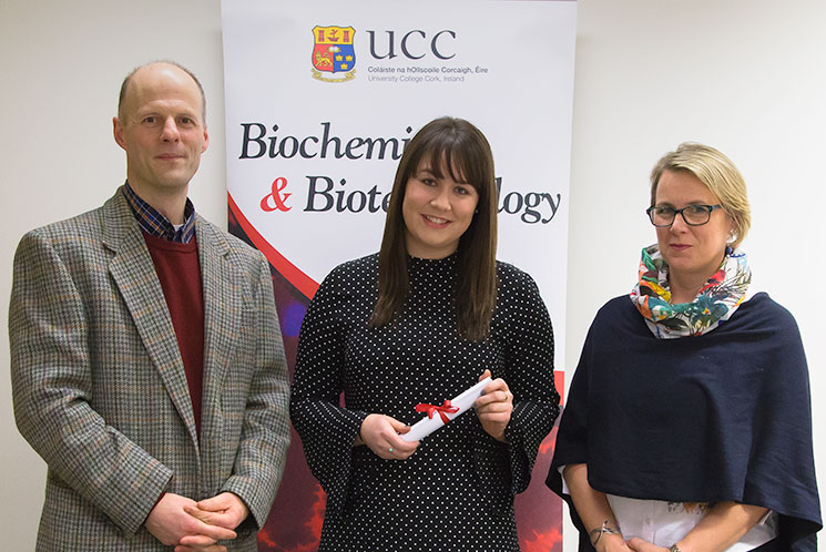 Professor Tommie McCarthy, School of Biochemistry and Cell Biology, UCC; Julie O’Mahony, recipient of the Eli Lilly Award for Academic Excellence in Biotechnology; and Dr Deirdre Buckley (BSc Biochemistry, UCC, PhD Biochemistry, UCC), TS/MS Team Leader, Eli Lilly SA - Irish Branch, Kinsale, Co. Cork.