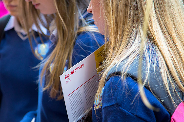 Secondary School students interested in studying Biochemistry and discussing their future at the Biochemistry and Cell Biology stand at UCC Open Day 2017.