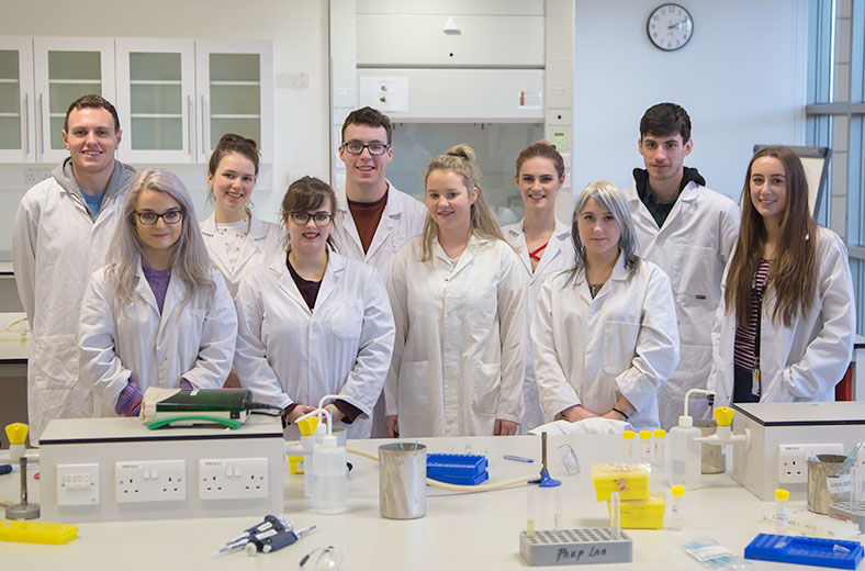 Fourth year biochemistry group of students who demonstrated at the DNA workshop held in the School of Biochemistry UCC to Christ King secondary school students. Demonstrators were (back row from left): Kevin Foley, Emer Cantillon, Peter Townsend, Cora Steemers, Lorcan Bannon. Demonstrators (front row form left): Roisin Cassidy, Klaudia Juda, Denise Burns, Erika Vasiliauskaite & Orla Brosnan.