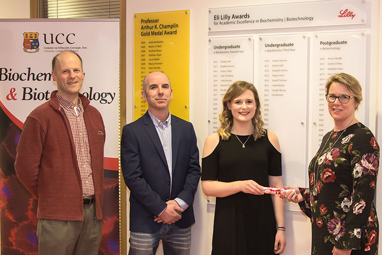 Professor Tommie McCarthy, MSc Biotechnology Programme Director, School of Biochemistry and Cell Biolo-gy, UCC; Gary Kirby, Personnel Representative, Eli Lilly SA - Irish Branch, Kinsale, Co. Cork; Caoimhe Lynch, recipient of the Eli Lilly Award for Academic Excellence in second year Biochemistry; and Dr Deirdre Buckley (BSc Biochemistry, UCC, PhD Biochemistry, UCC), TS/MS Team Leader, Eli Lilly SA - Irish Branch, Kinsale, Co. Cork.