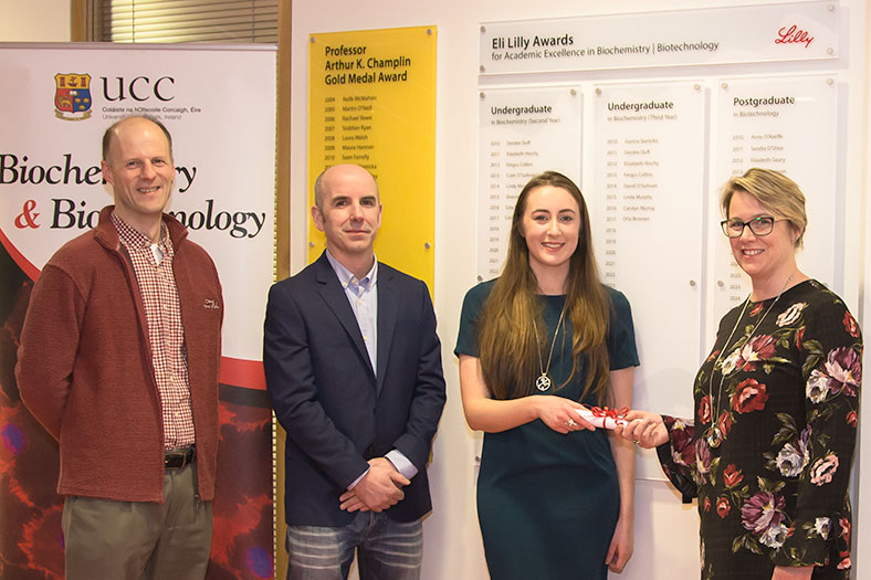 Professor Tommie McCarthy, MSc Biotechnology Programme Director, School of Biochemistry and Cell Biolo-gy, UCC; Gary Kirby, Personnel Representative, Eli Lilly SA - Irish Branch, Kinsale, Co. Cork; Orla Brosnan, recip-ient of the Eli Lilly Award for Academic Excellence in third year Biochemistry; and Dr Deirdre Buckley (BSc Bio-chemistry, UCC, PhD Biochemistry, UCC), TS/MS Team Leader, Eli Lilly SA - Irish Branch, Kinsale, Co. Cork.