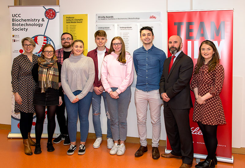 Staff from Eli Lilly SA - Irish Branch, Kinsale, Co. Cork pose with members of the UCC Biochemistry and Biotechnology Society who helped to organise the Eli Lilly Awards night and Career Seminar in UCC on 04 February 2019.