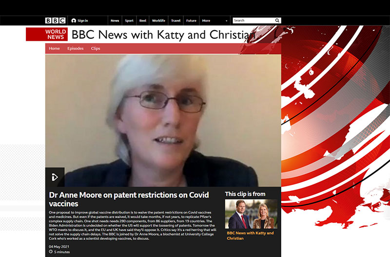 Dr Anne Moore interviewed on BBC World News on patent restrictions and Covid vaccines