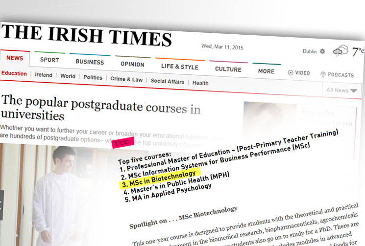 MSc in Biotechnology ranked as 3rd most popular postgraduate course in UCC