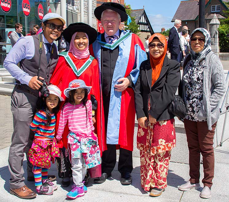 Professor Dave Sheehan, Head of School of Biochemistry and Cell Biology, UCC pictured with Dr Siti Nurtahirah (Tahirah) Jaafar and her family