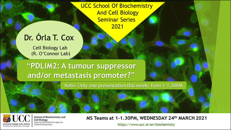 2020-2021 School of Biochemistry and Cell Biology Seminar Series.  SEMINAR TITLE: PDLIM2: A tumour suppressor and/or metastasis promoter?  SEMINAR SPEAKER: Dr Orla Cox, School of Biochemistry and Cell Biology, UCC.  VENUE AND DATE: MS Teams @ 1.00pm Wednesday 24th March 2021.  ACADEMIC HOST: School of Biochemistry and Cell Biology.