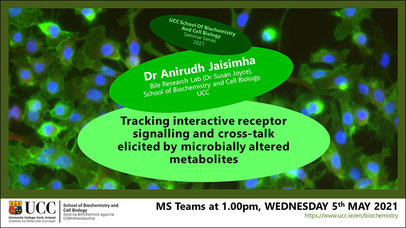 2020-2021 School of Biochemistry and Cell Biology Seminar Series.  SEMINAR TITLE: Tracking interactive receptor signalling and cross-talk elicited by microbially altered metabolites.  SEMINAR SPEAKER: Dr Anirudh Jaisimha, Bile Research Lab (Dr Susan Joyce), School of Biochemistry and Cell Biology, UCC.  VENUE AND DATE: MS Teams @ 1.00pm Wednesday 5th May 2021.  ACADEMIC HOST: School of Biochemistry and Cell Biology.