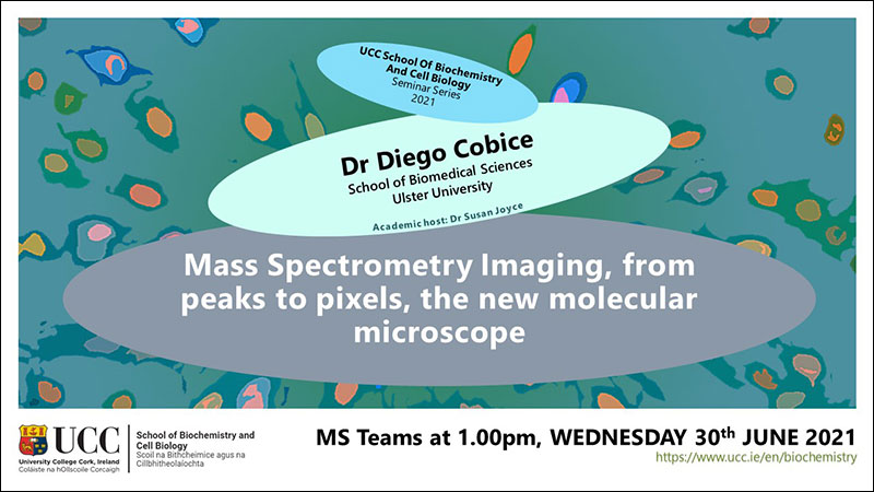 2020-2021 School of Biochemistry and Cell Biology Seminar Series. SEMINAR TITLE: Mass Spectrometry Imaging, from peaks to pixels, the new molecular microscope. SEMINAR SPEAKER: Dr Diego Cobice, School of Biomedical Sciences  Ulster University. VENUE AND DATE: MS Teams @ 1.00pm Wednesday 30 June 2021. ACADEMIC HOST: Dr Susan Joyce, School of Biochemistry and Cell Biology, UCC.