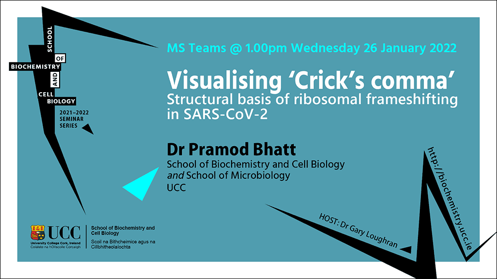 2021-2022 School of Biochemistry and Cell Biology Seminar Series. SEMINAR TITLE: Visualising ‘Crick’s comma’: Structural basis of ribosomal frameshifting in SARS-CoV-2. SEMINAR SPEAKER: Dr Pramod Bhatt, School of Biochemistry and Cell Biology; and School of Microbiology, University College Cork. VENUE AND DATE: MS Teams @ 1.00pm Wednesday 26th January 2022. ACADEMIC HOST: Dr Gary Loughran, School of Biochemistry and Cell Biology, UCC.