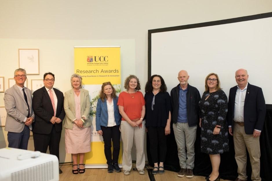 Some of the 2020 UCC Research Award winners with Profs John O'Halloran and John Cryan. From CACSSS Prof Claire Connolly (Researcher of the Year), Dr Liz Kiely (Responsible Culture for Research) and Dr Silvia Ross (Research Supervisor of the Year)