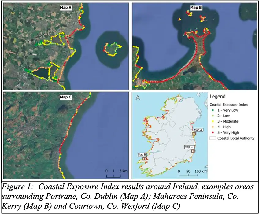 Coastal Exposure Index results around Ireland, examples areas surrounding Portrane, Co. Dublin (Map A); Maharees Peninsula, Co. Kerry (Map B) and Courtown, Co. Wexford (Map C) Coastal Exposure Index results around Ireland, examples areas surrounding Portrane, Co. Dublin (Map A); Maharees Peninsula, Co. Kerry (Map B) and Courtown, Co. Wexford (Map C)