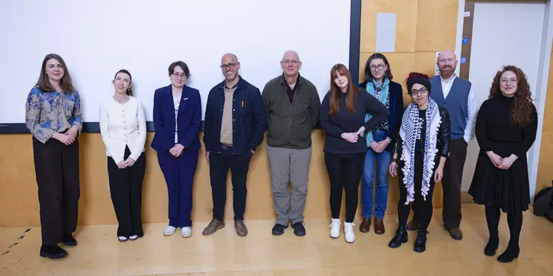 Presenters at the College of Arts, Celtic Studies and Social Sciences Research Showcase Day included, (left to right) Dr Francesca Brooks, Dr Gemma Campion, Dr Máirín MacCarron, Dr Carlos Garrido Castellano, Dr John Godfrey, Fiona O’Driscoll, Dr Katie Ní Loingsigh, Dr Bahriye Kemal, Dr Oisín Wall and Dr Aishling Shalvey. 