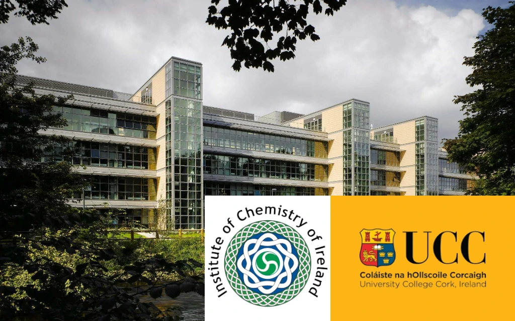 A photo of UCC's Western Gateway Building with the UCC and ICI Logos superimposed over it.