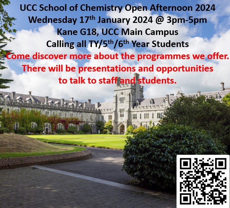UCC's Quad with text overlaid giving information about the School of Chemistry Open afternoon. A QR code is included.