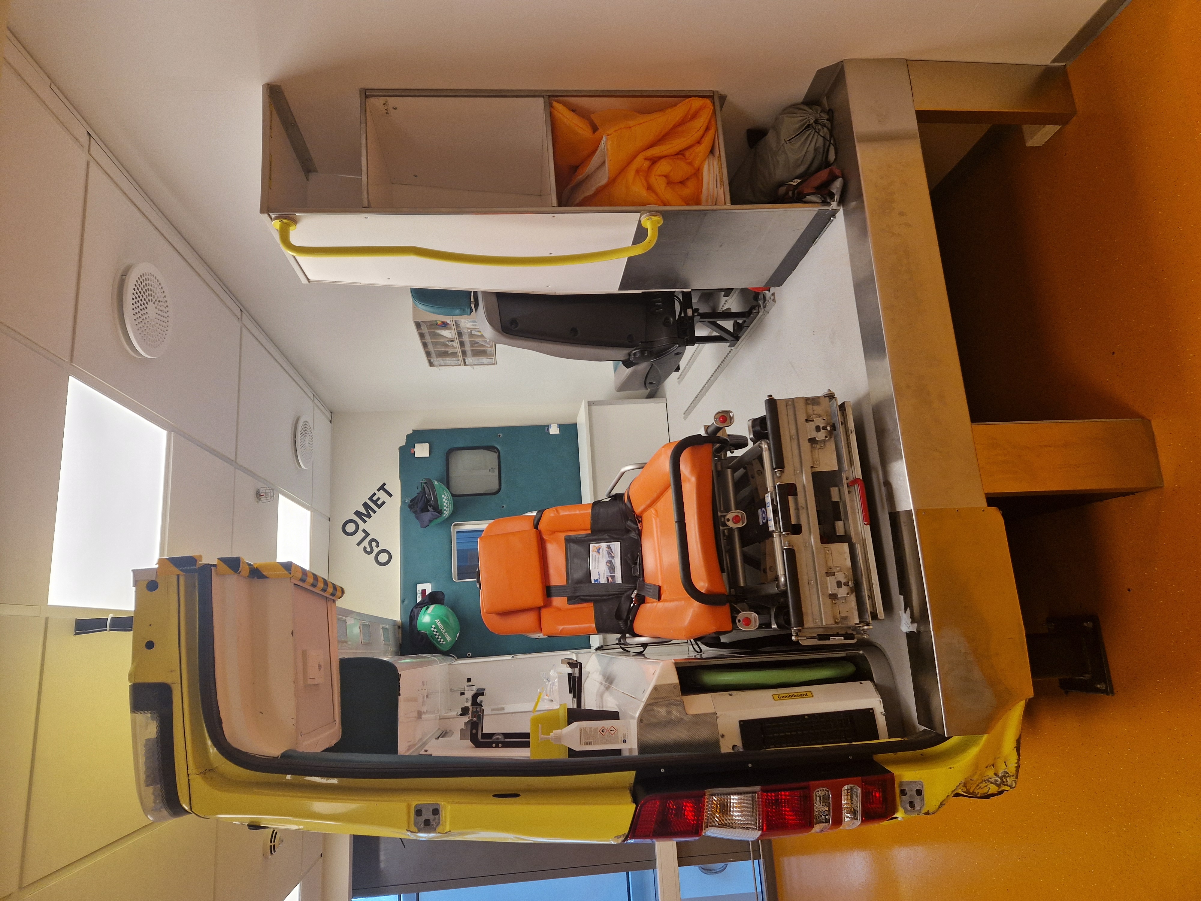 Inside a mock-ambulance in a classroom in Oslo Met University