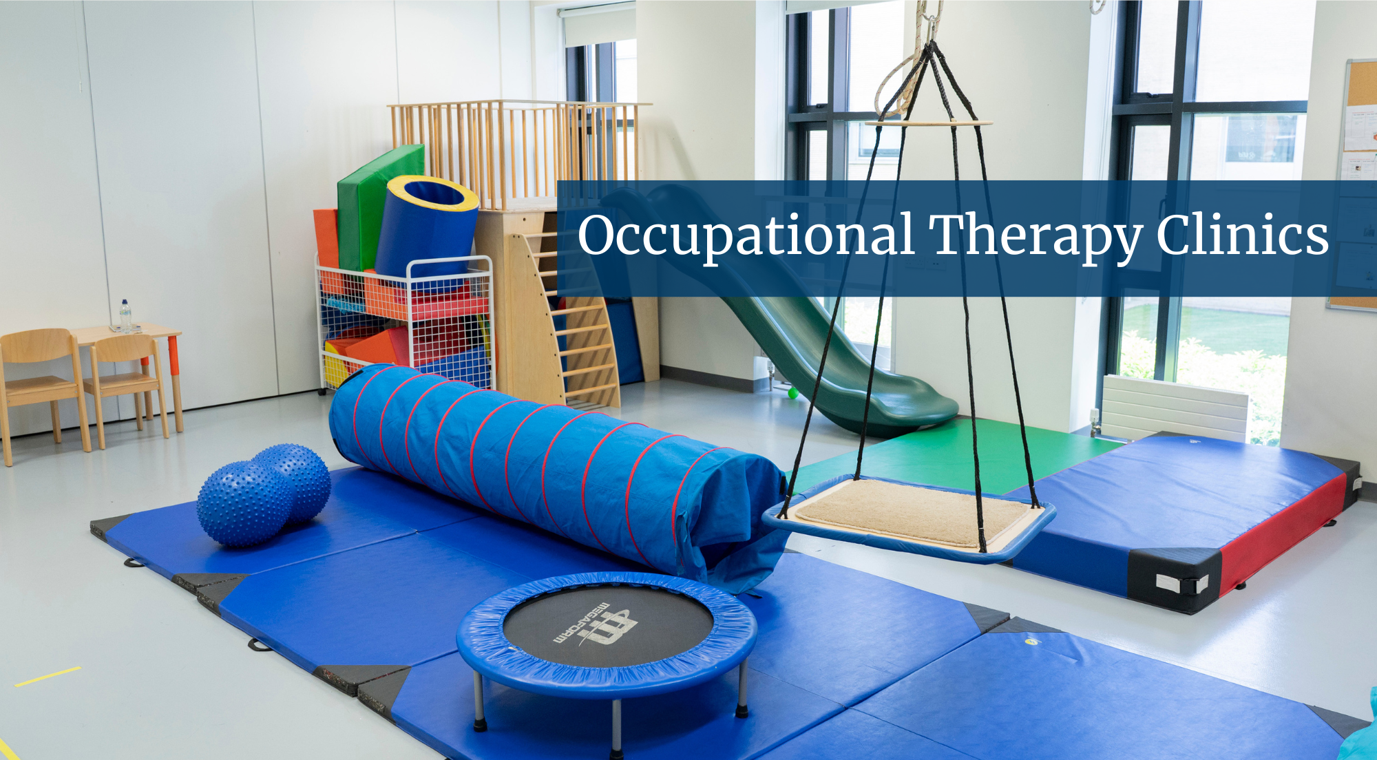 Picture from the tools used in the Occupational Therapy clinic with a text banner saying Occupational Therapy Clinic