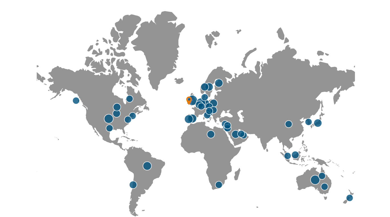 A picture of the world with pins in different locations