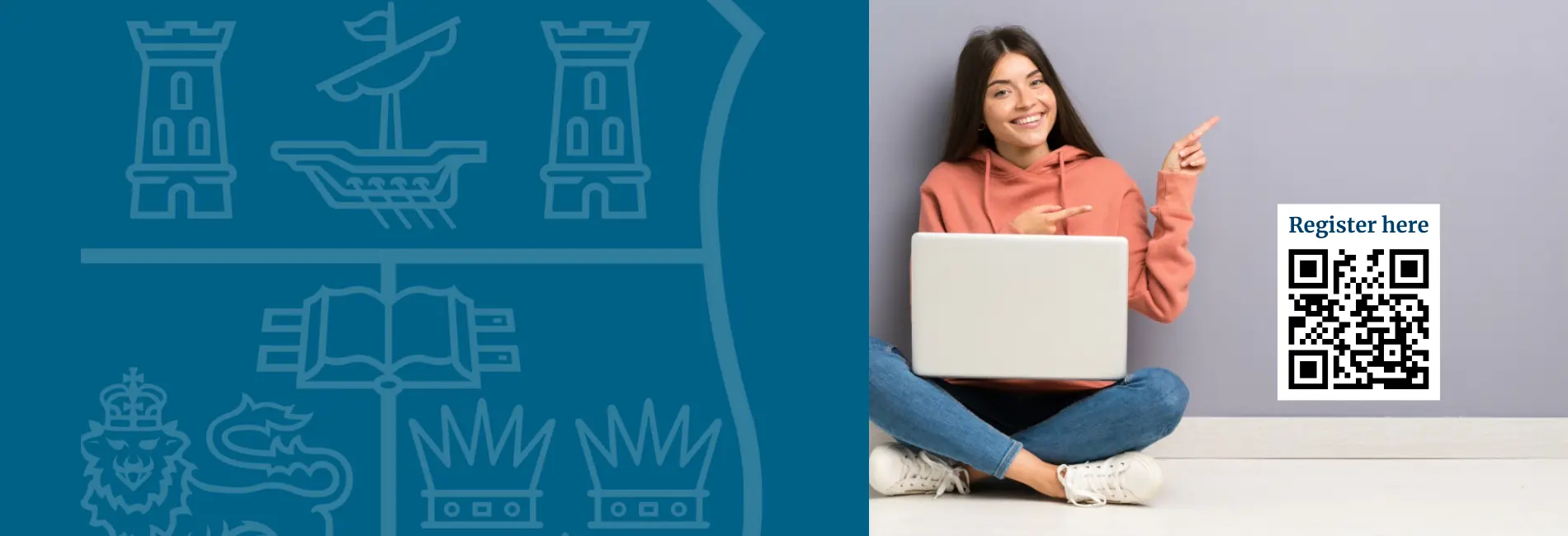 Student with a laptop pointing toward a QR code for MSc Computing Science webinar registration.