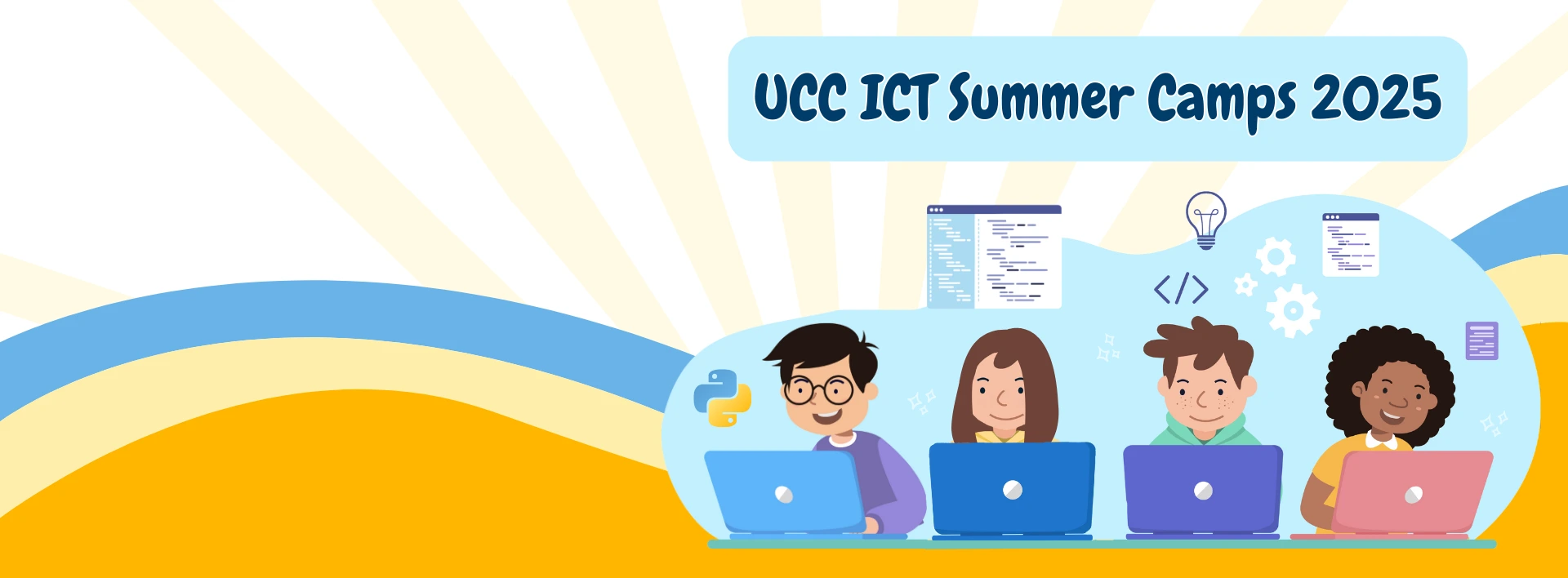 decorative banner advertising ICT Summer Camps for secondary school students 4th to 8th June