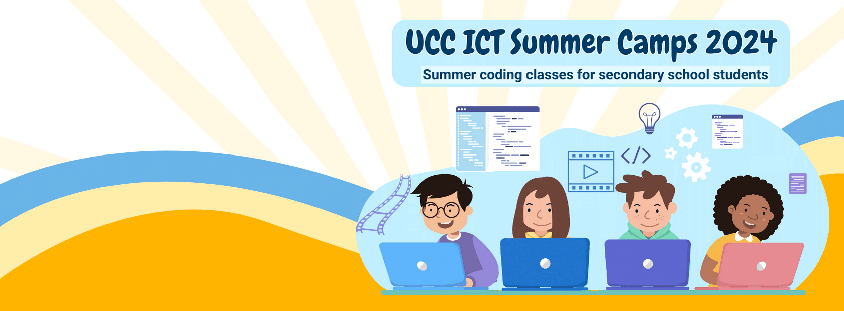 decorative banner advertising ICT Summer Camps for secondary school students 4th to 8th June
