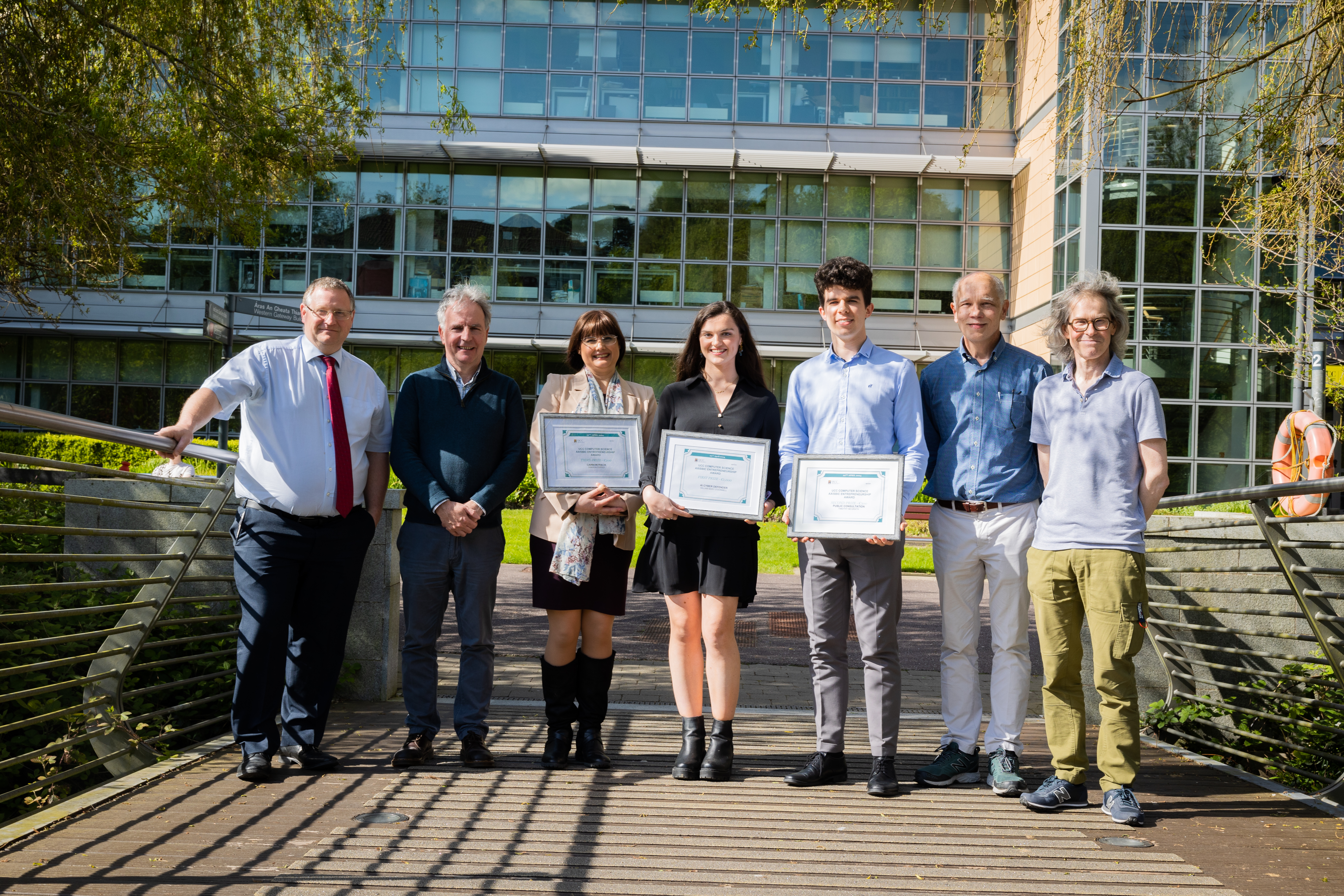 From left - right: Dan Murphy AxisBIC, Declan Fox AxisBIC, Sharon Coffee, Gillian O'Donnell, Timothy McGrath, Professor Gregory Provan, Dr John O'Mullane. Photographer: Rubén Tapia of UCC Film & Audiovisual Services