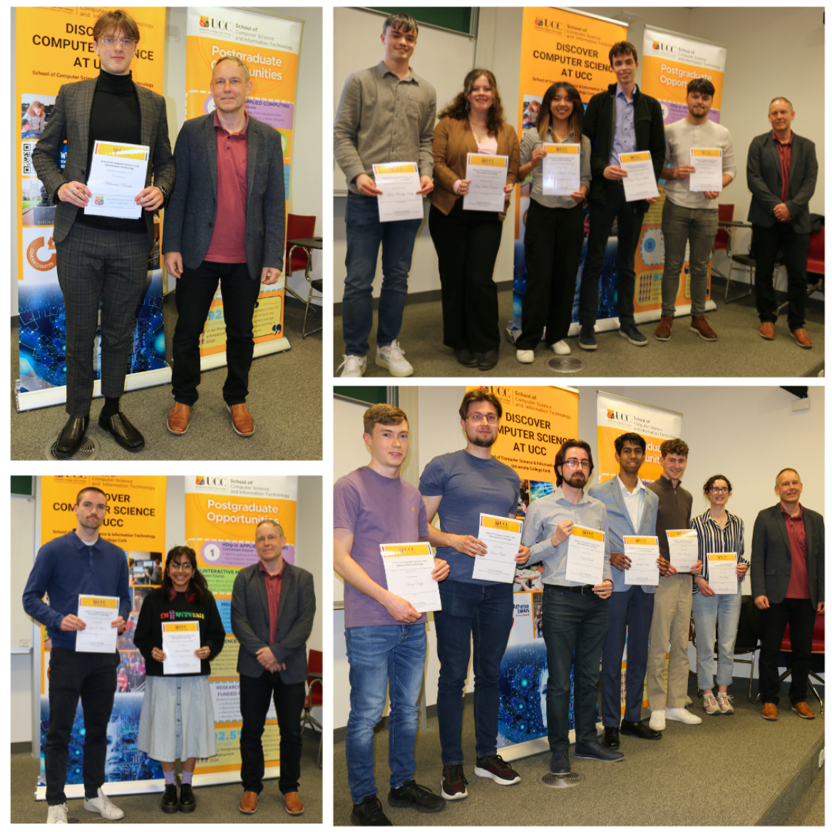 collage of 4 wining groups: Joseph Manning Prize, Best Software Group Project, Academic Achievement Awards supported by Qualcomm UK, FYP Fidelity Prize Winners