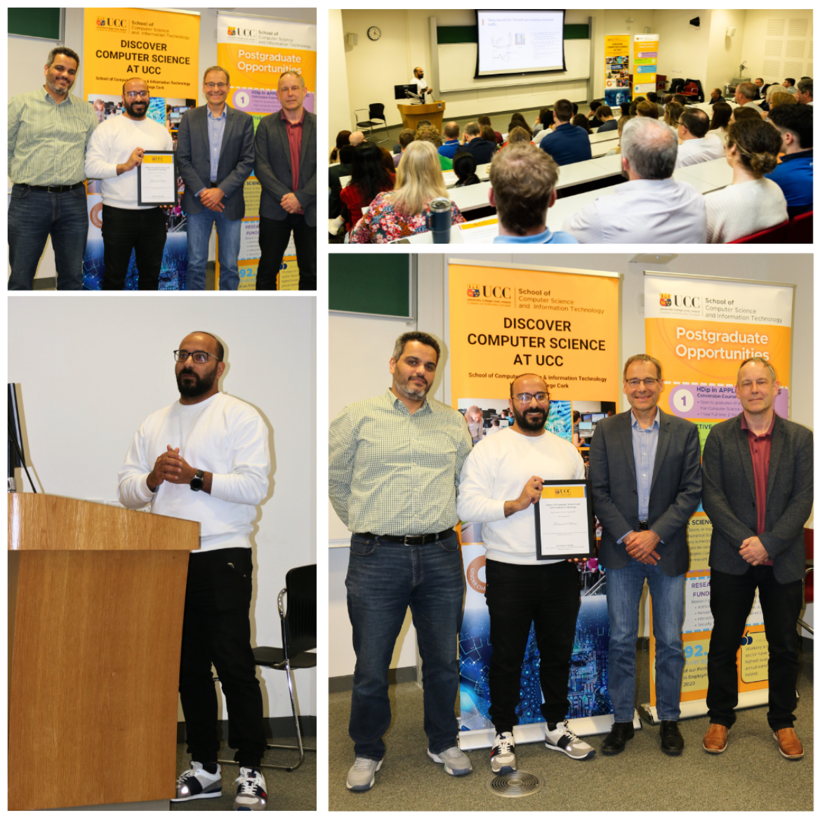 Photo collage of photos taken during the Best Paper Awards. The winner, Mohamed Seliem, is pictured giving his presentation on his winning papaer, 