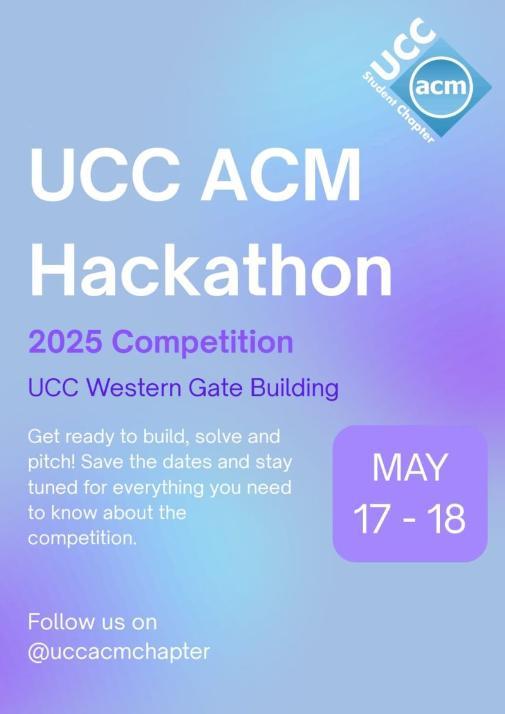 UCC AACM Hackathon poster, with QR code to register. This information is repeated in the text below, along with registration details.