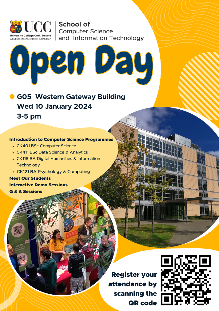 Poster advertising the CSIT Open Day 2024 this January 10th, 3-5pm. Western Gateway Building, G05