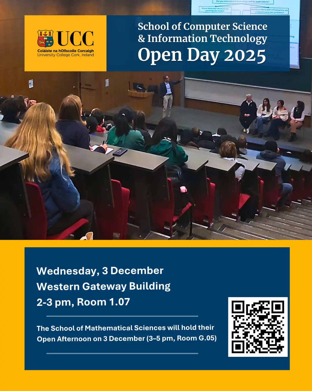 Poster advertising the CSIT Open Day 2025 this January 8th, 3-5pm. Western Gateway Building
