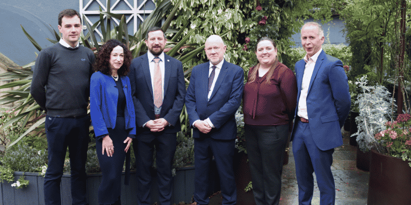 The National Methane Summit took place in Portlaoise, County Laois on Monday, 12 October. Pictured (L-R): David Kelly, Irish Cattle Breeding Federation, Mary McCarthy, University College Cork, Karl Walsh, Department of Agriculture, Food and the Marine, Philip Carroll, Meat Industry Ireland, Elizabeth Walsh, VistaMilk Research Ireland Centre and Donagh Berry, VistaMilk Research Ireland Centre and Teagasc.